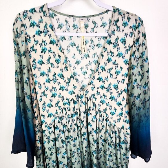 Uncle Frank Blue Floral Print Long Sleeve Dress Size Medium Bell Sleeves 70s - Picture 3 of 9